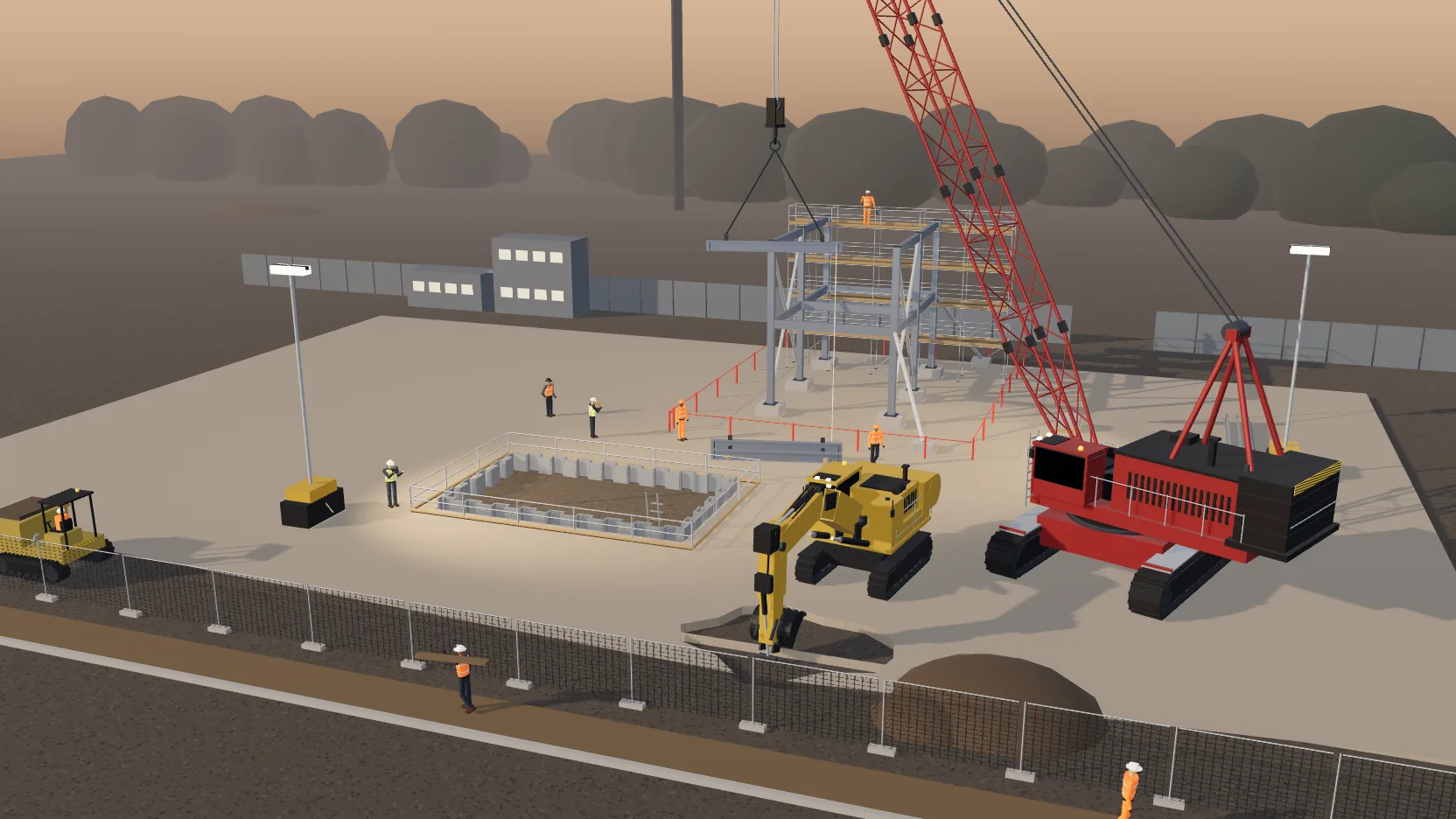 Construction site at golden hour: a crawler crane lifting a steel beam onto a braced frame, an excavator working beside a sheet-piled excavation, scaffold access and site operatives on segregated routes — illustrative rendered scene, not a project design